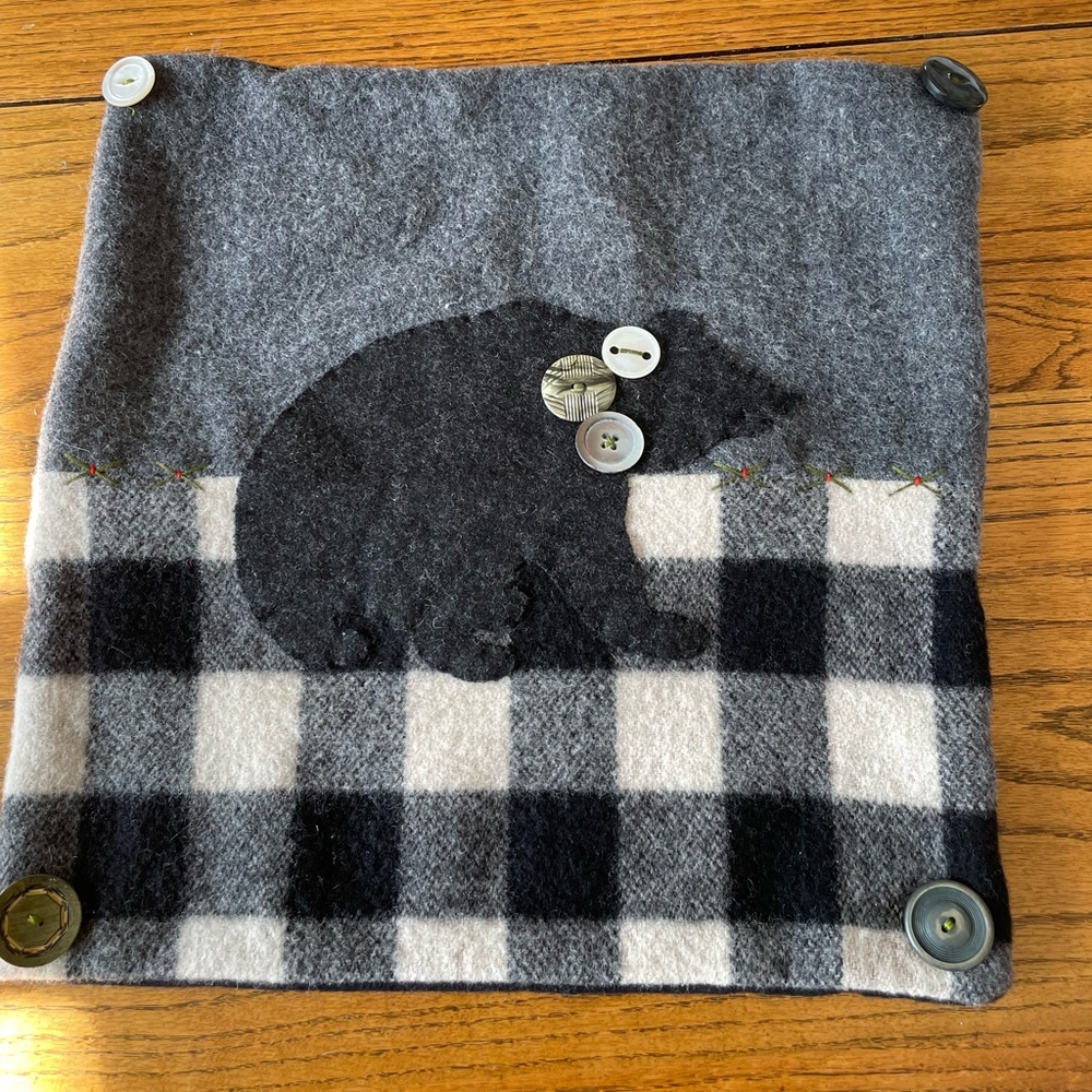 Grey , White and Black Plaid Wool Pillow Cover - antique buttons decorate
